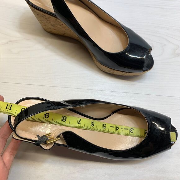 Stuart Weitzman Womens 11M Riveria Sandals Black Patent Leather Slingback Wedge - Picture 10 of 10